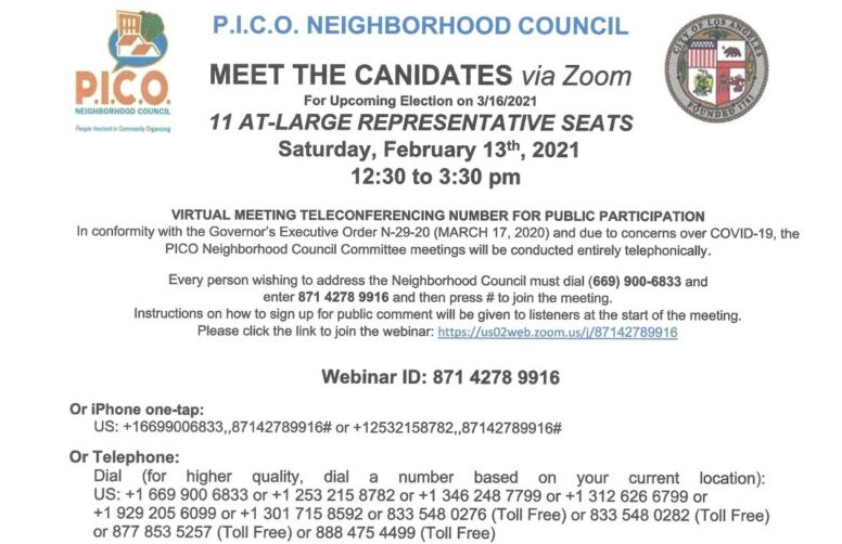 PICO Neighborhood Council –  Meet the Candidates February 13th