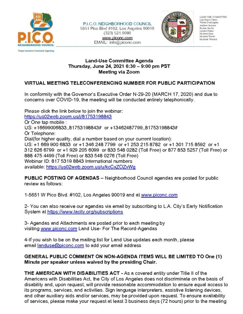 PICO Neighborhood Council –  Land-Use Committee Meeting June 24th
