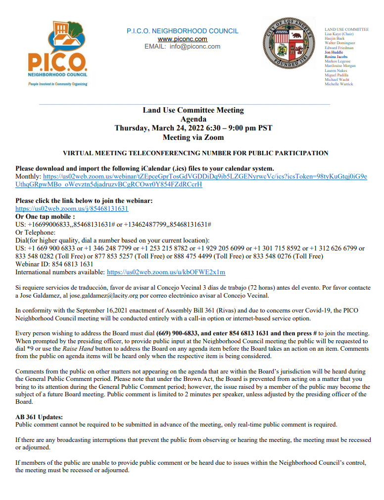 PICO Neighborhood Council –  Land-Use Committee Meeting March 24th
