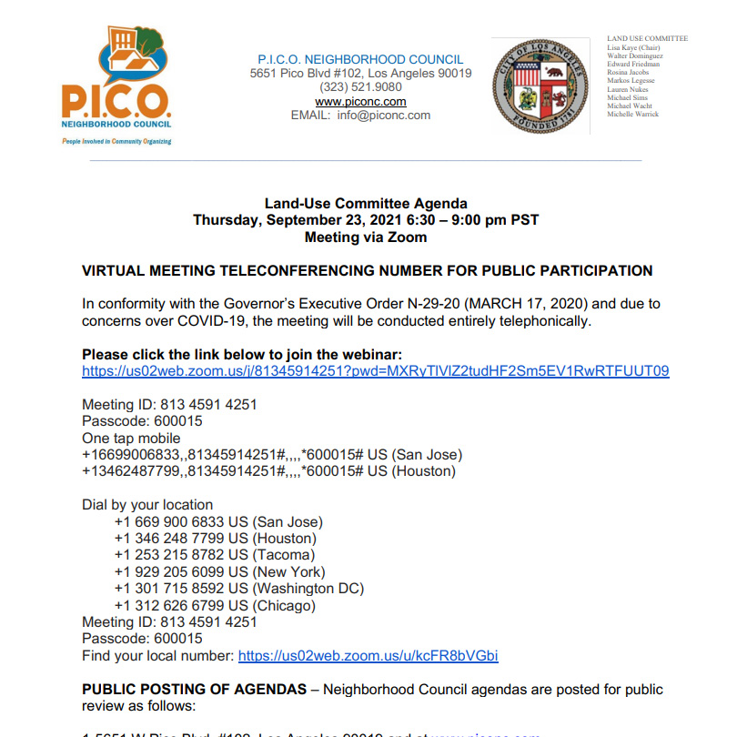 PICO Neighborhood Council –  Land Use Committee Meeting September 23rd
