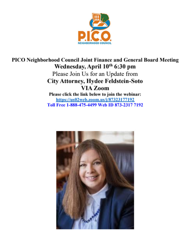 P.I.C.O. Neighborhood Council Joint Finance and General Board Meeting 4-10-2024